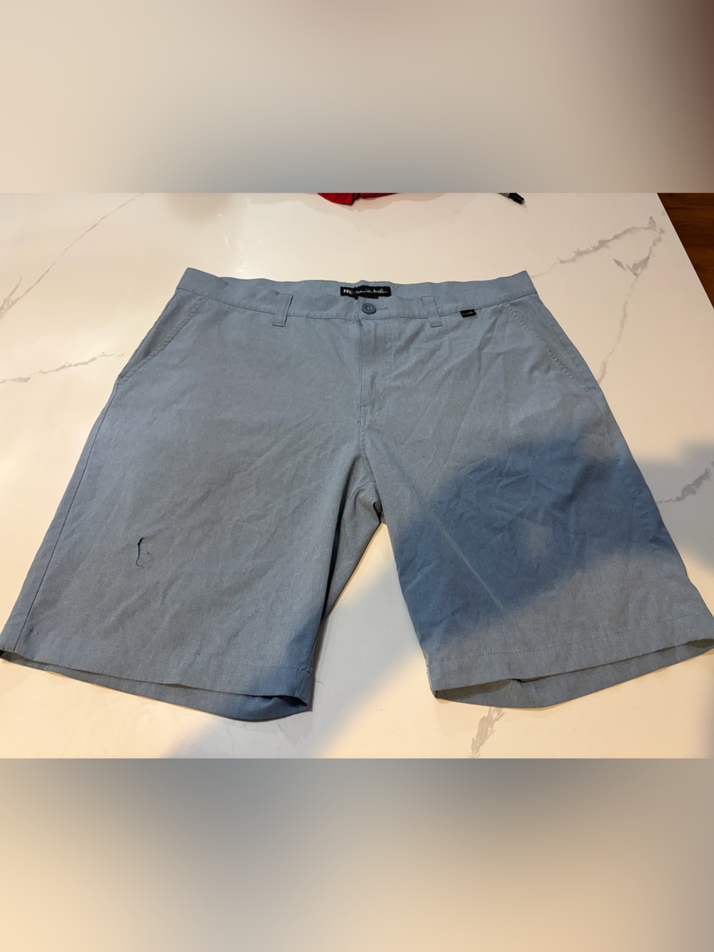 Travis Mathew Light Blue Flat Front Men's Shorts - Waist 36” Shorts have a patch